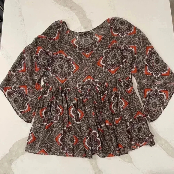 AB Studio Floral Paisley Sheer Blouse Boho Flared Sleeve Women's Large Hippie - Picture 6 of 7